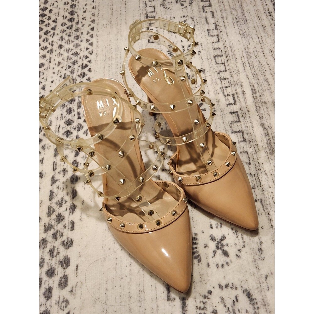 Mix No. 6 Beige Patent Strappy Pointed Toe Studded Ankle Strap Heels 6M - Picture 2 of 7